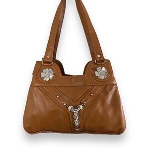 TAN Vegan Leather Shoulder Bag Purse Silver Accent Floral Rhinestone Hardware